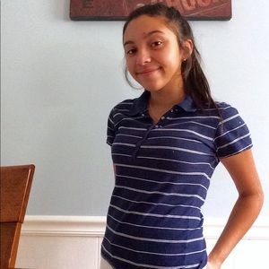 navy and white striped polo